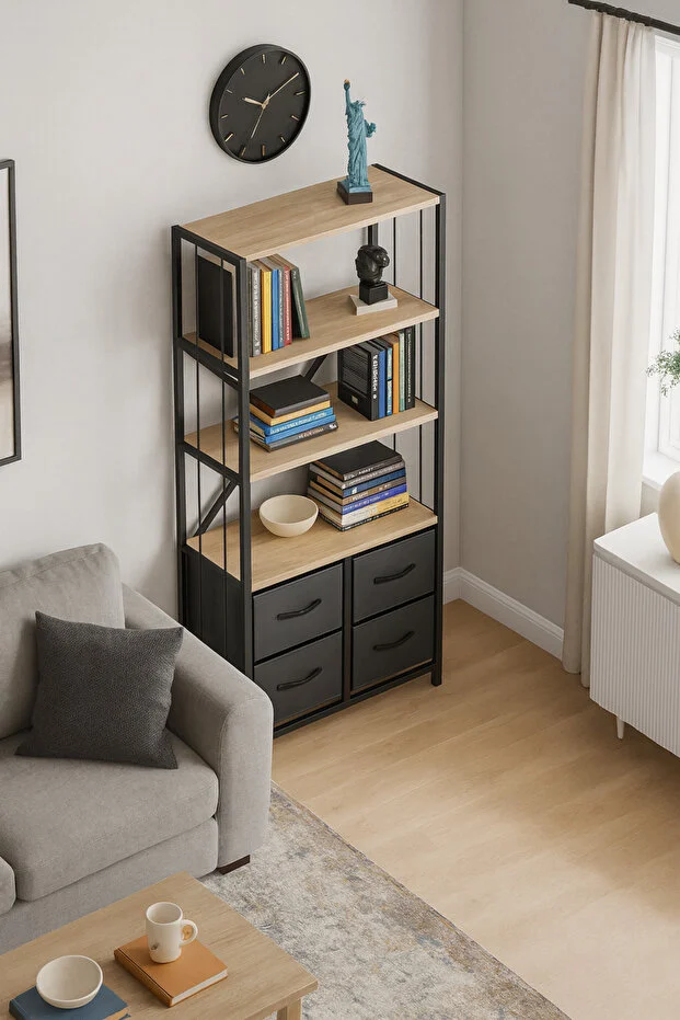 4 Çekmeceli 4 Raflı Kitaplık Çalışma Odası Düzenleyici Metal Kitaplık Deri Çekmeceli Kitaplık Antrasit